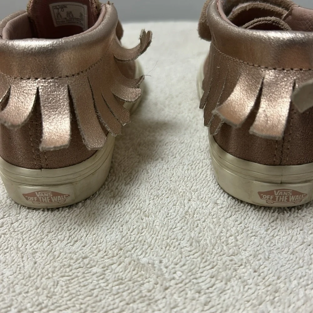 Vans fringe moccasin pink suede sneaker kids toddlers Slip In loop strap size 7